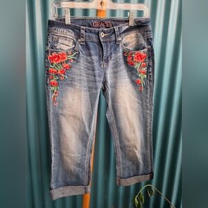 Grace Blue Jeans with Red Floral Embroidery Size 27